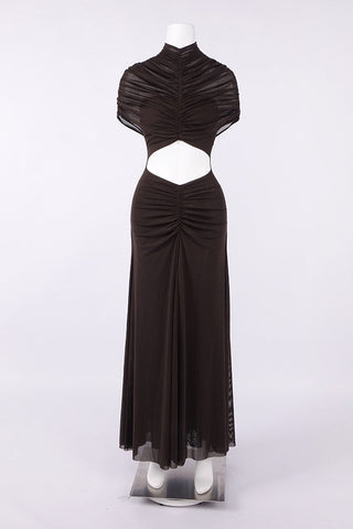 Ruched Mesh Short Sleeve Cut-Out Long Dress