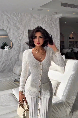 Textured Knit Button-Front Long Dress with V-Neck and Long Sleeves