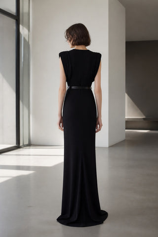 High-Neck Draped Shoulder Long Dress with Belt