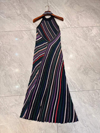 Halter Neck Open-Back Striped Knit Long Evening Dress