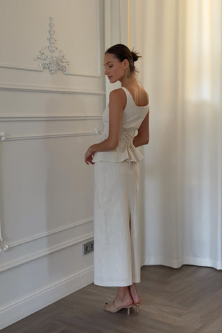 Sleeveless Linen-Blend Peplum Top & Long Skirt Co-Ord Set with Lace-Up Back