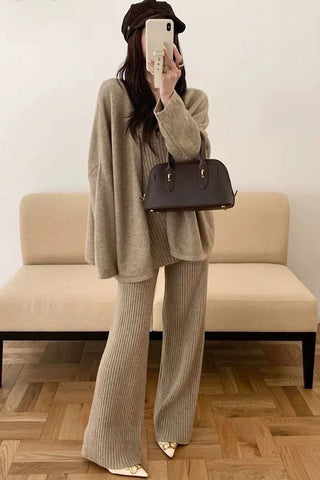 Comfy Ribbed Knit Three-Piece Cardigan, Top & Wide-Leg Pants Set