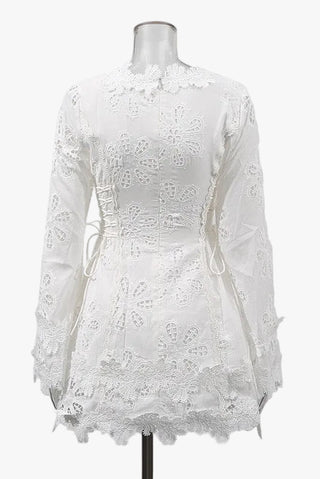 Lace Long Sleeve Mini Dress – V-Neck with Floral Detail & Adjustable Side Fit