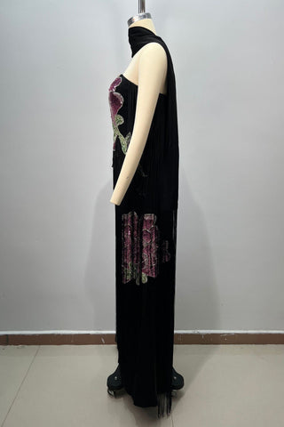 Floral Sequin Fringe Strapless Long Dress with Scarf