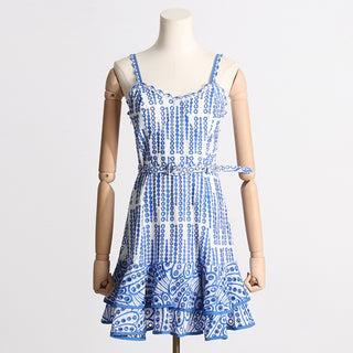 Embroidered Sleeveless Belted Mini Dress