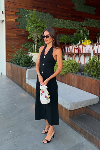 Pearl Floral Button Halter Long Dress
