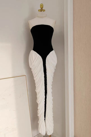 Premium Velvet Corset Strapless Long Dress with Sculpted Bodice and Pleated Draped Skirt