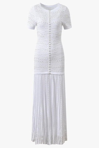Pearl Embellished Knit Long Dress with Pleated Skirt – Short Sleeve