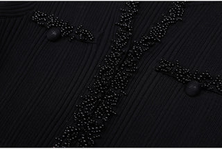 Ribbed Knit Long Dress with Pearl Trim Details & Long Sleeves