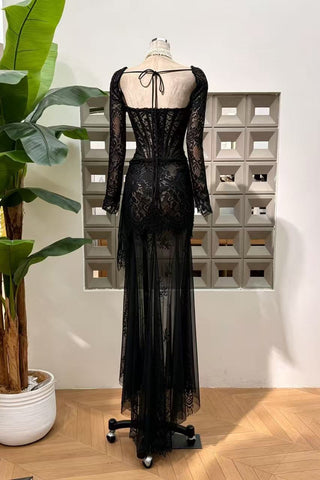 Lace Corset Long Dress – Draped Long Sleeve Gown
