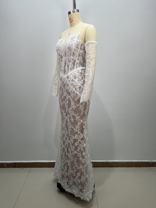 Floral Lace Corset Off-Shoulder Long Dress with Sheer Lace Sleeves