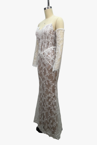 Floral Lace Corset Off-Shoulder Long Dress with Sheer Lace Sleeves