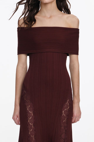 Luxe Ribbed Knit Off-Shoulder Lace Panel Long Dress
