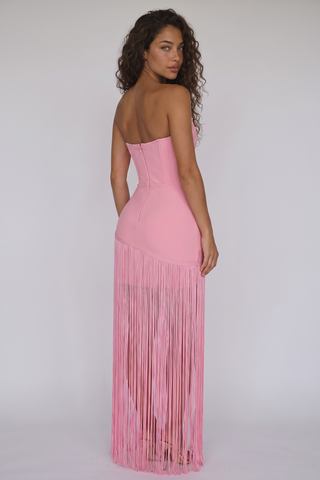 Strapless Floral Appliqué Fringe Long Dress with Bodycon Silhouette