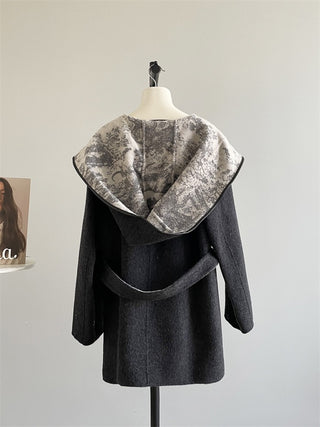 Wool-Feel Belted Long Sleeve Short Coat with Printed Shawl Collar