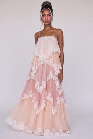 Tiered Lace Long Dress – Layered Ruffle Design, Crisscross Back & Flowy Fit