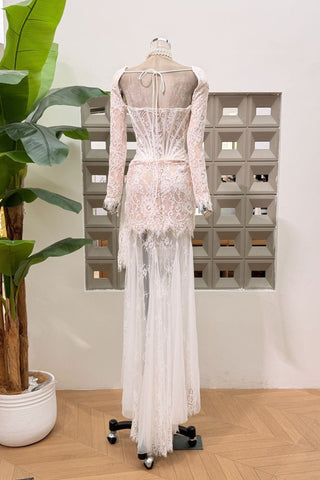 Lace Corset Long Dress – Draped Long Sleeve Gown