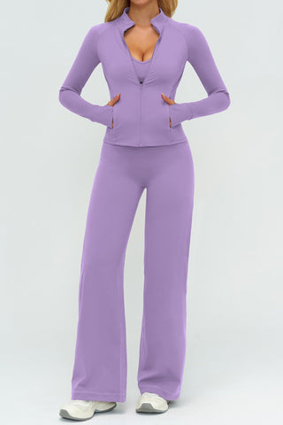 3-Piece Women’s Yoga Set – Cropped Tank, Zip Jacket & Wide-Leg Pants Activewear Set