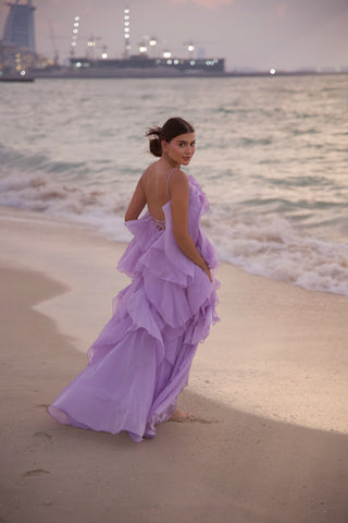 Floral Ruffle Organza Long Dress with Halter Neck