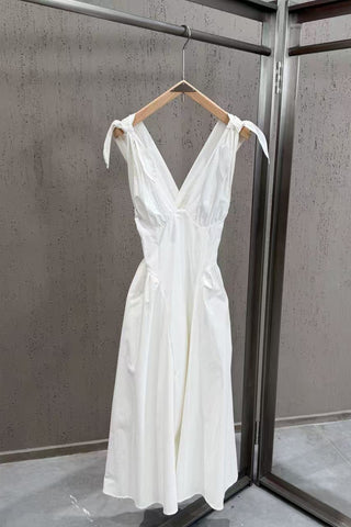 Tie-Shoulder V-Neck Open Back Flared Midi Dress