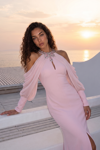 Crystal Embellished Halter Neck Draped Cold Shoulder Mermaid Long Dress
