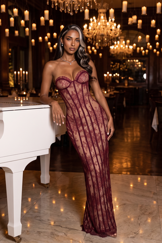 Sheer Lace Corset Strapless Long Dress with Lace-Up Back