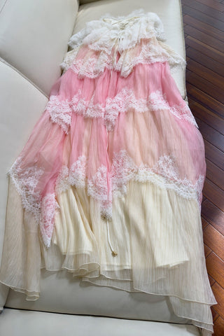 Tiered Lace Long Dress – Layered Ruffle Design, Crisscross Back & Flowy Fit