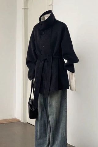 Belted Wool-Blend Coat with High Collar, Button Closure, and Relaxed Fit