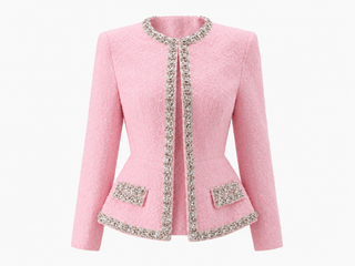 Crystal Embellished Tweed Long Sleeve Peplum Blazer