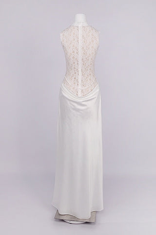 Sleeveless High Neck Lace & Draped Satin Rosette Long Dress
