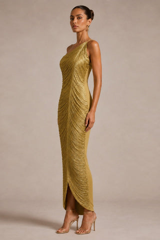 One-Shoulder Metallic Fringe Bandage Midi Dress with Back Slit