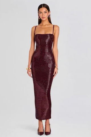 Crystal Bandage Long Dress – Spaghetti Straps, Body-Hugging Fit