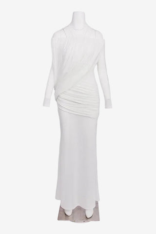 Off-Shoulder Draped Mesh Long Sleeve Long Dress