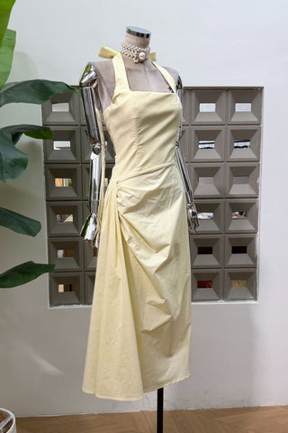 Halter Neck Midi Dress – Draped Waist & Open Back