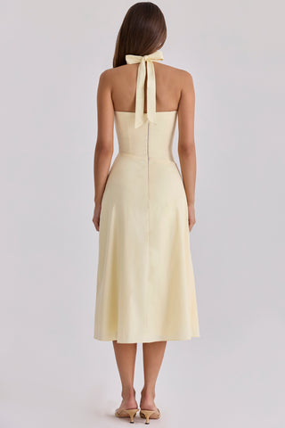 Halter Neck Midi Dress – Draped Waist & Open Back