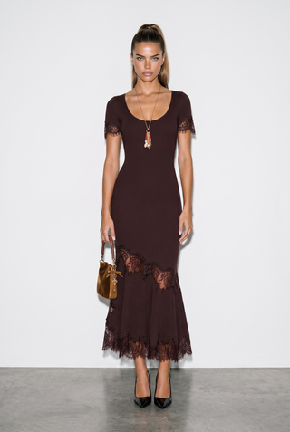 Ribbed Knit Scoop Neck Short Sleeve Long Dress with Lace Trim & Flared Hem