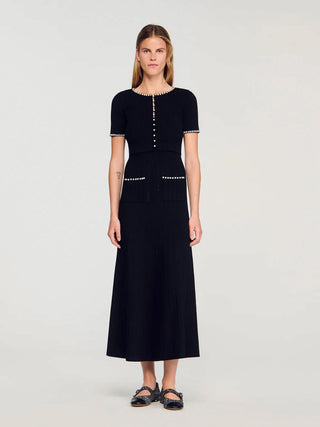 Pearl Trim Ribbed Knit Midi Dress with Sleeveless Cut and Flared Hem Design