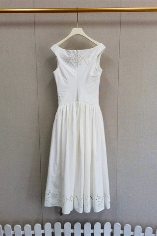 Boat Neck Midi Dress – Gathered Waist, Sleeveless Design & Cutout Details