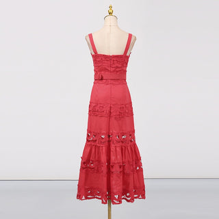Statement Lace Cutwork Belted Tiered Long Dress