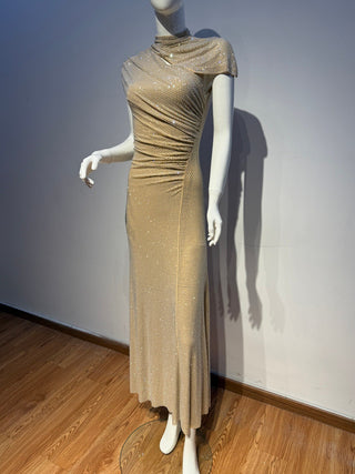 Crystal Draped Cape Neck Short Sleeve Long Dress