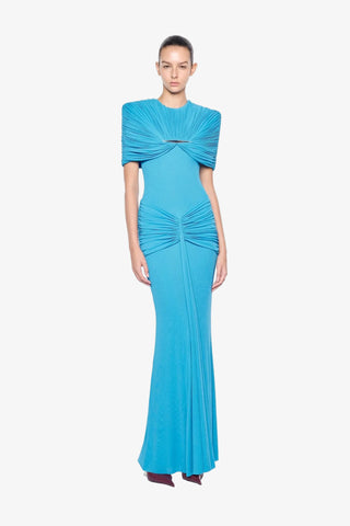 Ruched Cape Sleeve Metal Detail Fitted Long Dress