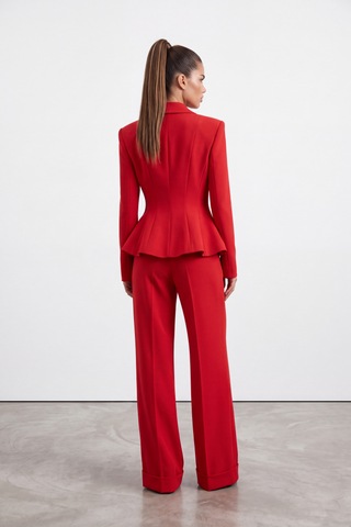Long-Sleeve Crepe Peplum Blazer and Wide-Leg Pants Set with Beaded Brooch Detail