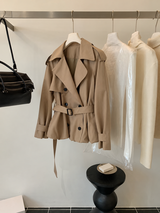 Double-Breasted Belted Short Trench Jacket with Balloon Hem
