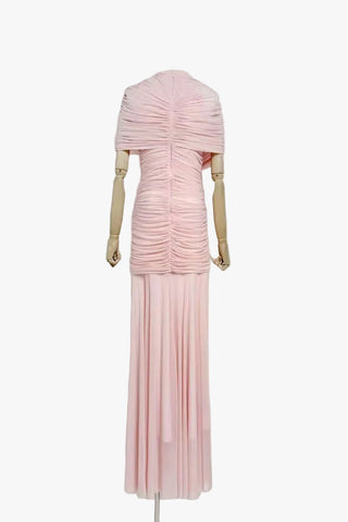 Ruched Off-Shoulder Long Dress – Draped Top & Flowing Skirt