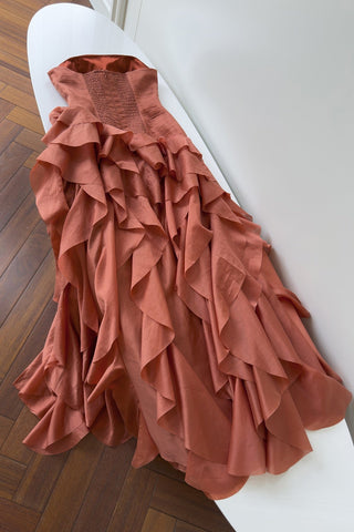 Statement Pleated Strapless Corset Long Dress with Dramatic Ruffles & Floral Detail