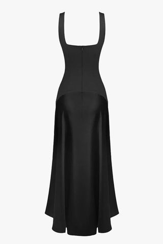 Square Neck Fitted Bodice Long Dress with Flared Satin Skirt