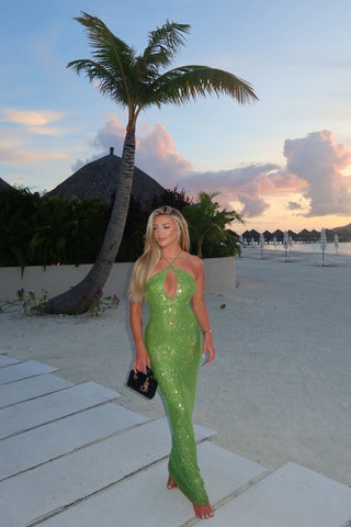 Sparkly Halter Long Dress with Open Back, Bodycon Fit & Rhinestone Details