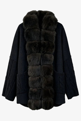 Faux Fur Trim Cable Knit Long Cardigan