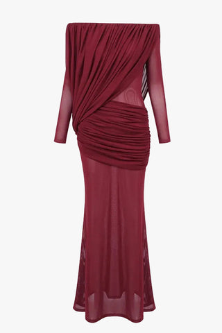 Off-Shoulder Draped Mesh Long Sleeve Long Dress