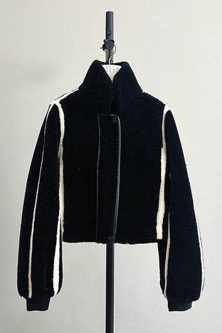 Plush Teddy Shearling Contrast Trim High-Neck Cropped Jacket